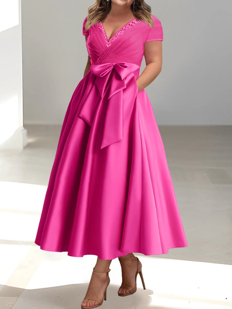 A-Line/Princess V-Neck Short Sleeves Ankle-Length Mother of the Bride Dresses With Pockets & Ruffles