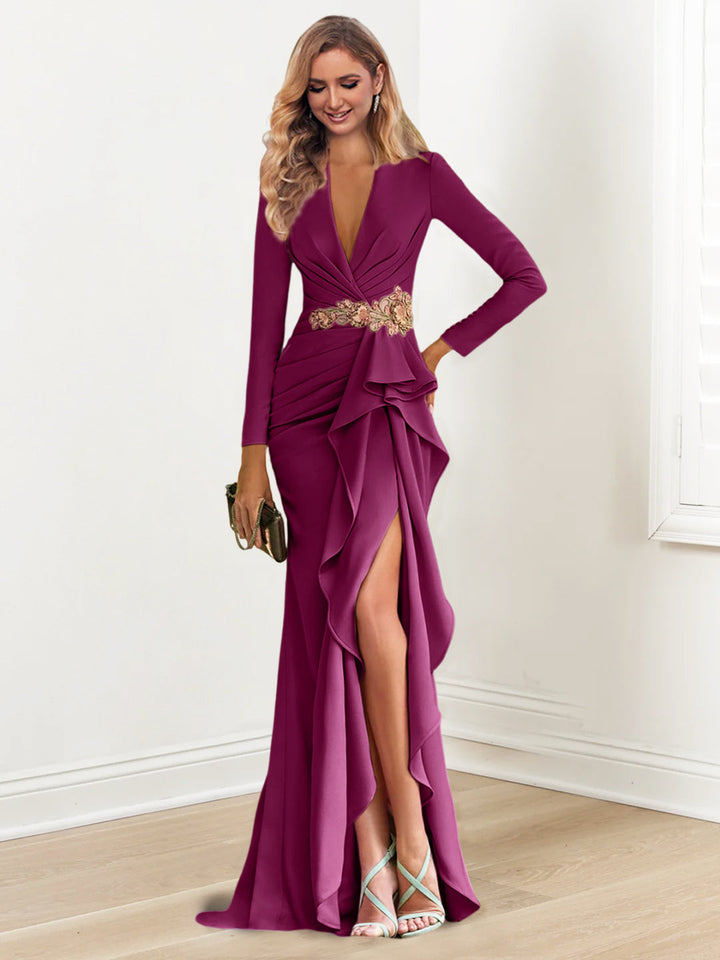 Sheath/Column V-Neck Long Sleeves Floor-Length Mother of the Bride Dresses with Crepe Beading