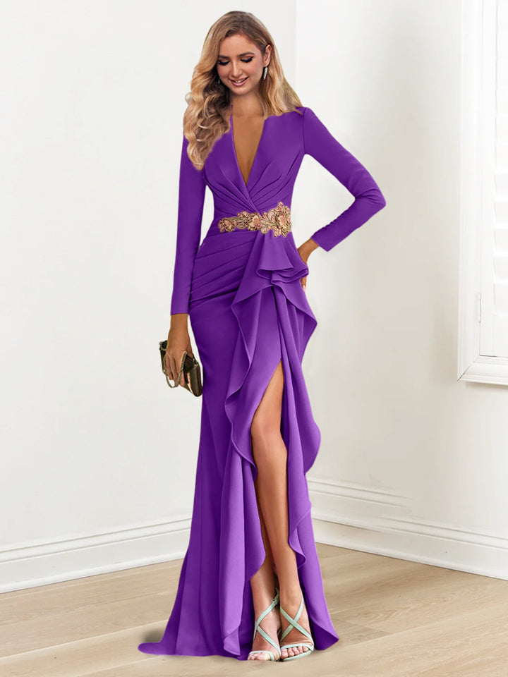 Sheath/Column V-Neck Long Sleeves Floor-Length Mother of the Bride Dresses with Crepe Beading