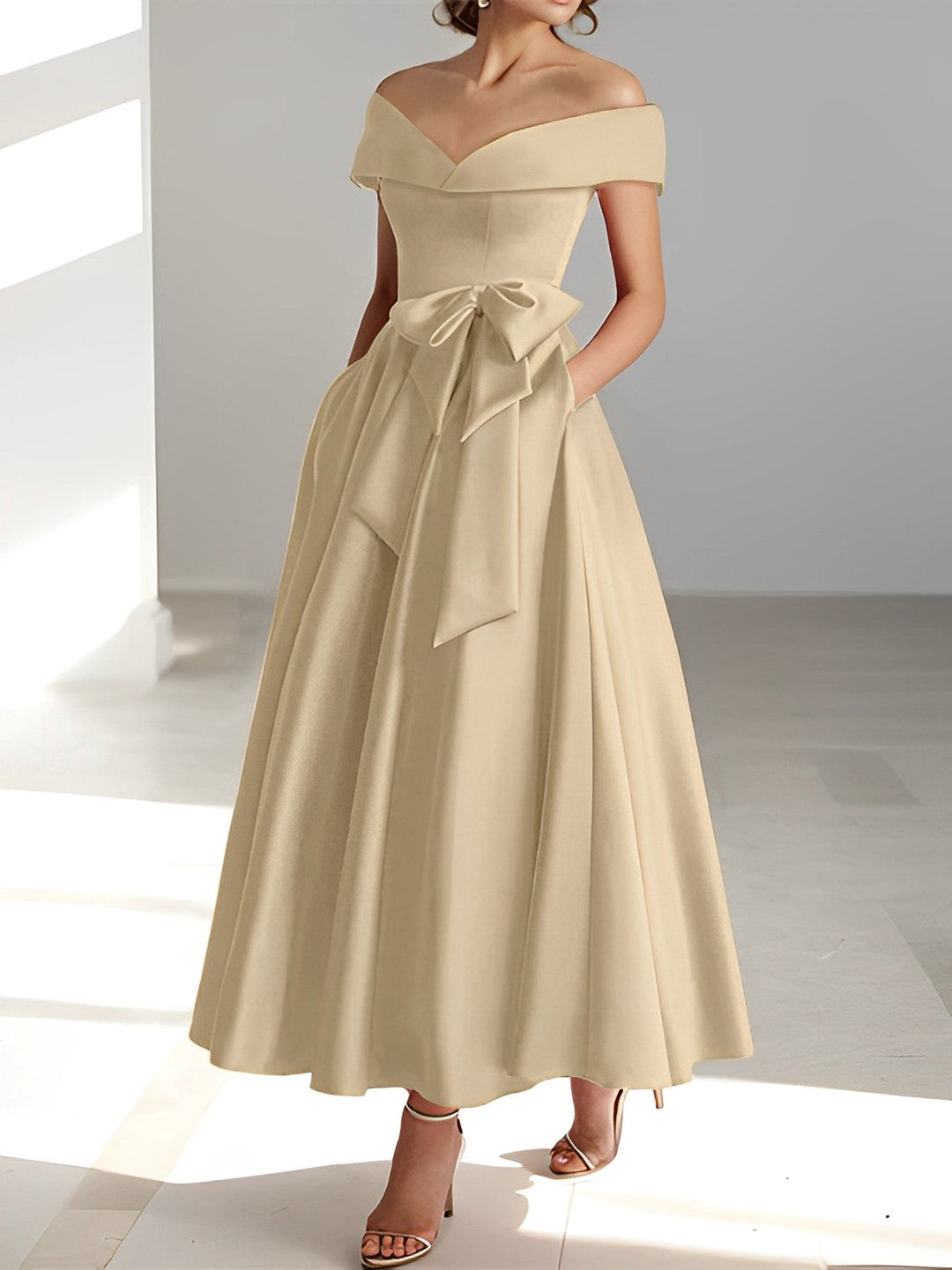 A-Line/Princess Off-the-Shoulder Sleeveless Ankle-Length Mother of the Bride Dresses with Pockets