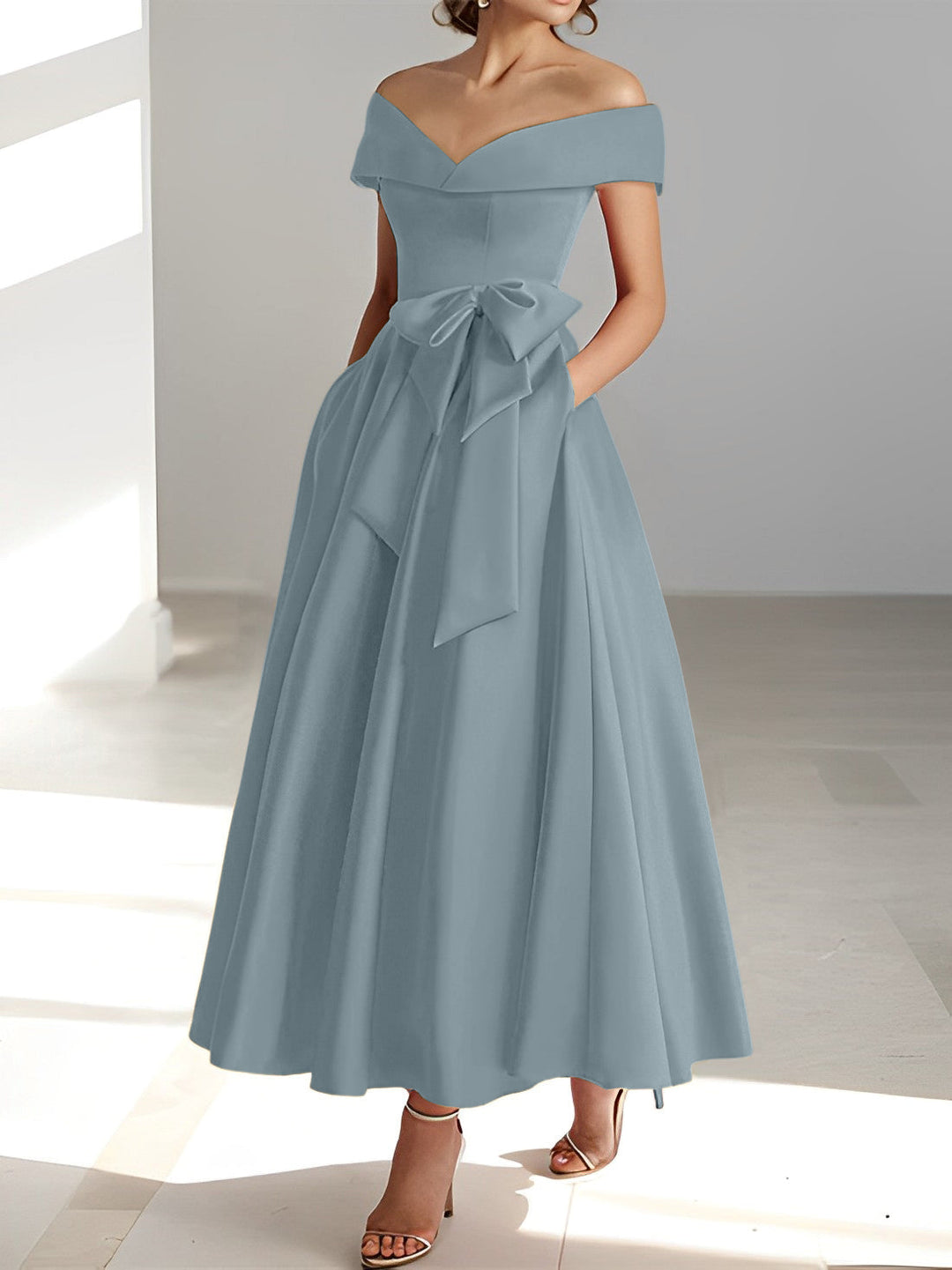 A-Line/Princess Off-the-Shoulder Sleeveless Ankle-Length Mother of the Bride Dresses with Pockets