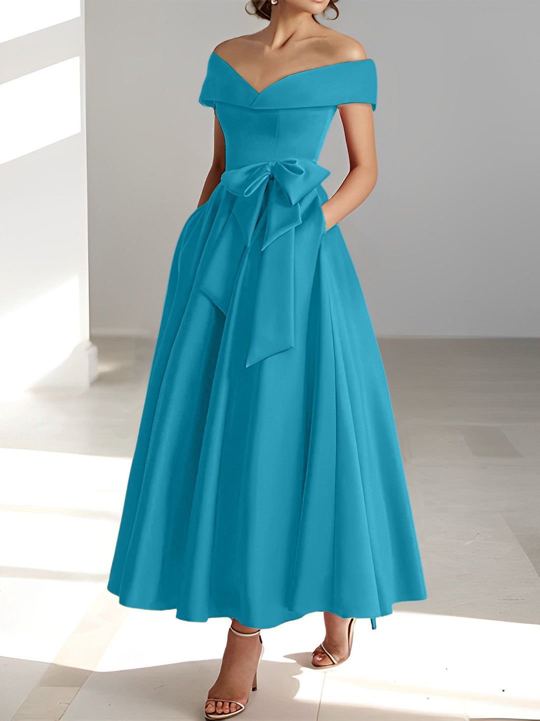 A-Line/Princess Off-the-Shoulder Sleeveless Ankle-Length Mother of the Bride Dresses with Pockets