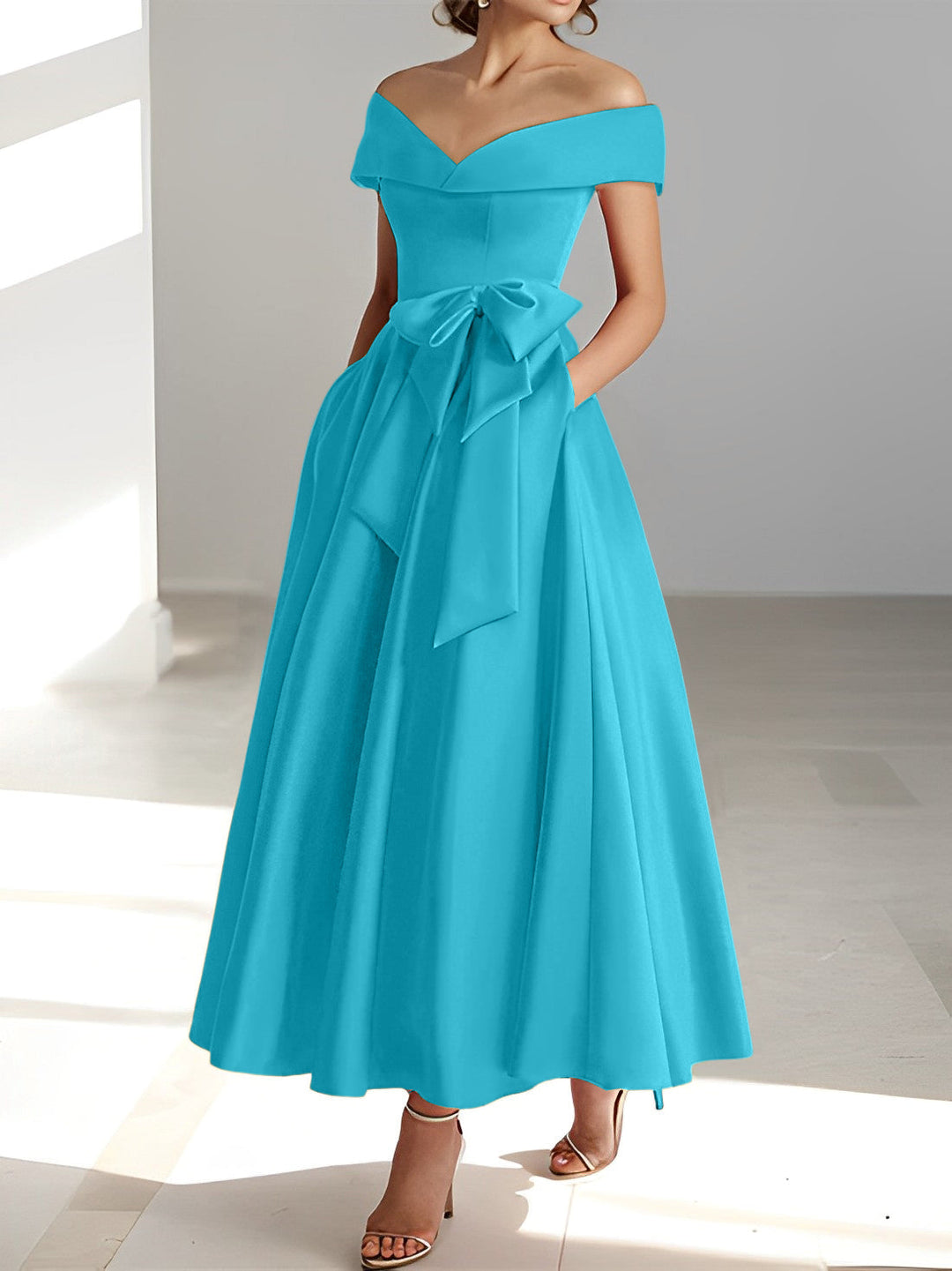 A-Line/Princess Off-the-Shoulder Sleeveless Ankle-Length Mother of the Bride Dresses with Pockets