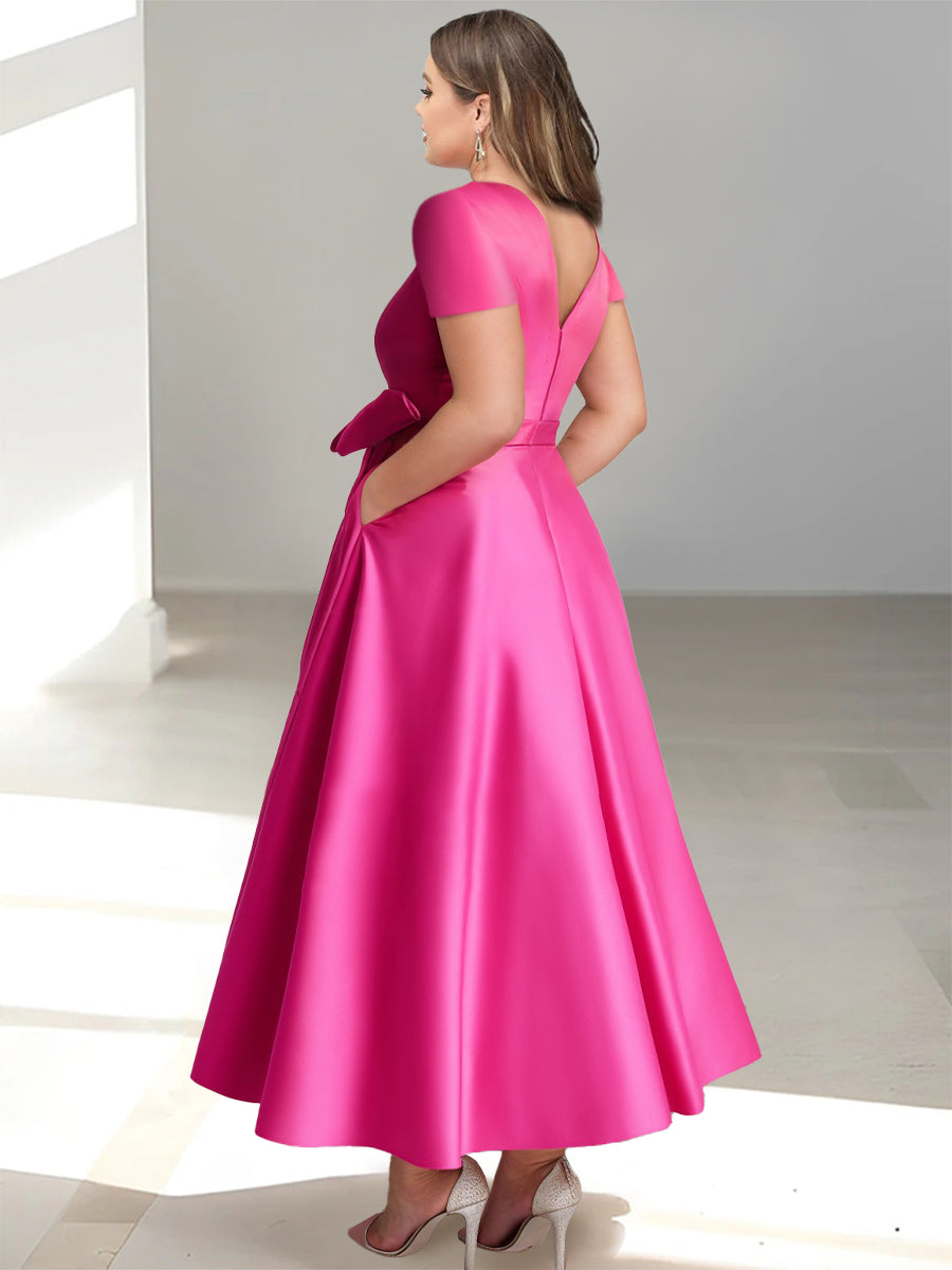 A-Line/Princess V-Neck Short Sleeves Ankle-Length Mother of the Bride Dresses With Pockets & Ruffles