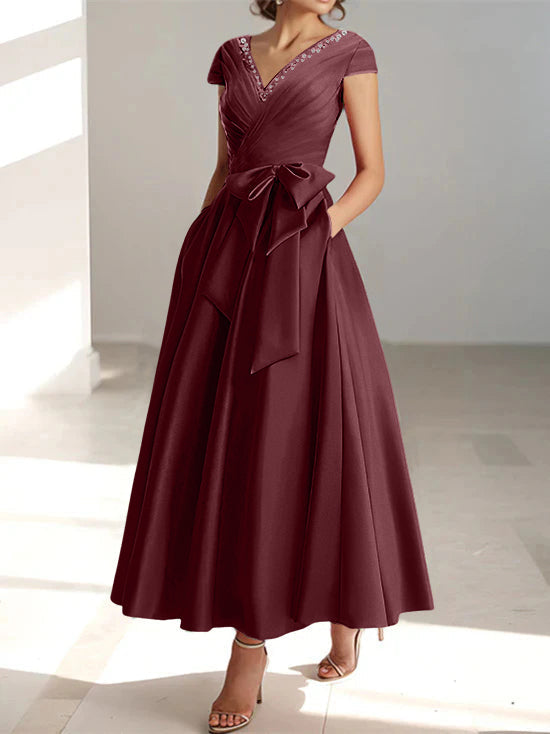 A-Line/Princess V-Neck Short Sleeves Ankle-Length Mother of the Bride Dresses With Pockets & Ruffles