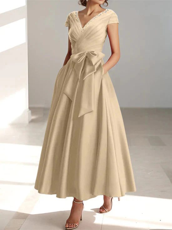 A-Line/Princess V-Neck Short Sleeves Ankle-Length Mother of the Bride Dresses With Pockets & Ruffles