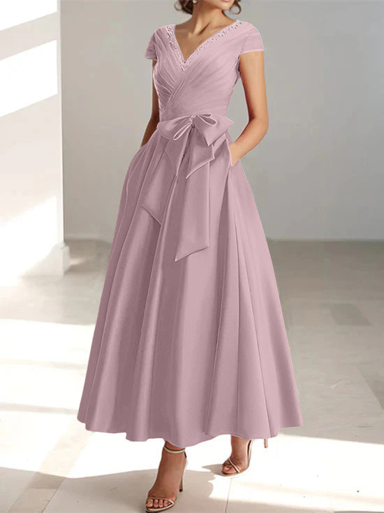 A-Line/Princess V-Neck Short Sleeves Ankle-Length Mother of the Bride Dresses With Pockets & Ruffles