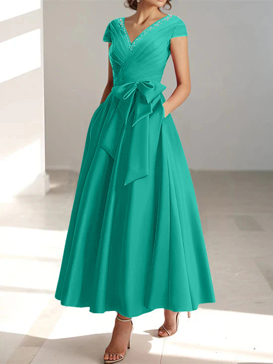 A-Line/Princess V-Neck Short Sleeves Ankle-Length Mother of the Bride Dresses With Pockets & Ruffles