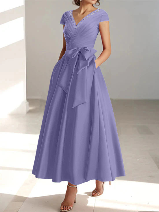 A-Line/Princess V-Neck Short Sleeves Ankle-Length Mother of the Bride Dresses With Pockets & Ruffles