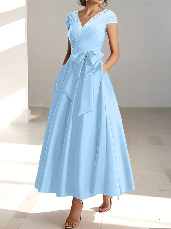 A-Line/Princess V-Neck Short Sleeves Ankle-Length Mother of the Bride Dresses With Pockets & Ruffles