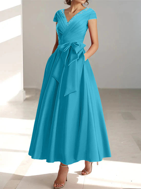 A-Line/Princess V-Neck Short Sleeves Ankle-Length Mother of the Bride Dresses With Pockets & Ruffles