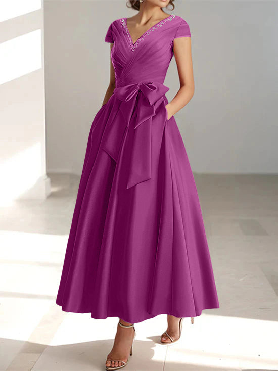 A-Line/Princess V-Neck Short Sleeves Ankle-Length Mother of the Bride Dresses With Pockets & Ruffles