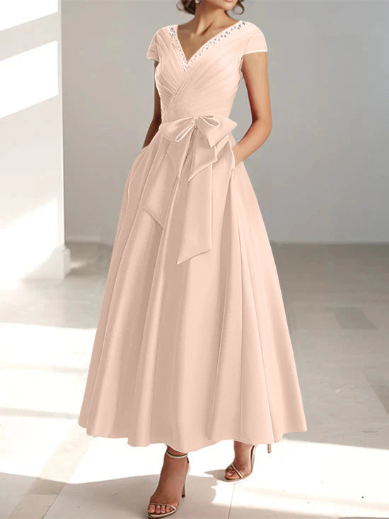 A-Line/Princess V-Neck Short Sleeves Ankle-Length Mother of the Bride Dresses With Pockets & Ruffles