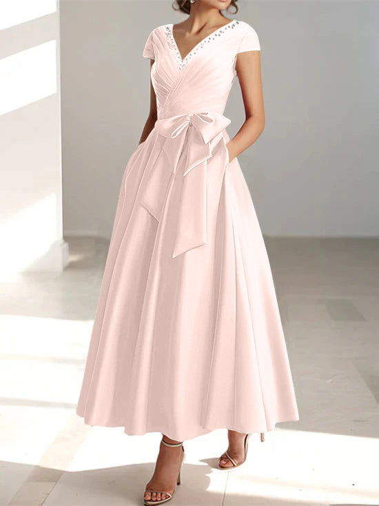 A-Line/Princess V-Neck Short Sleeves Ankle-Length Mother of the Bride Dresses With Pockets & Ruffles