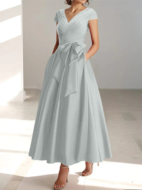 A-Line/Princess V-Neck Short Sleeves Ankle-Length Mother of the Bride Dresses With Pockets & Ruffles