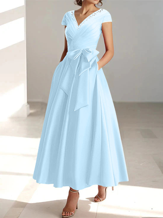 A-Line/Princess V-Neck Short Sleeves Ankle-Length Mother of the Bride Dresses With Pockets & Ruffles