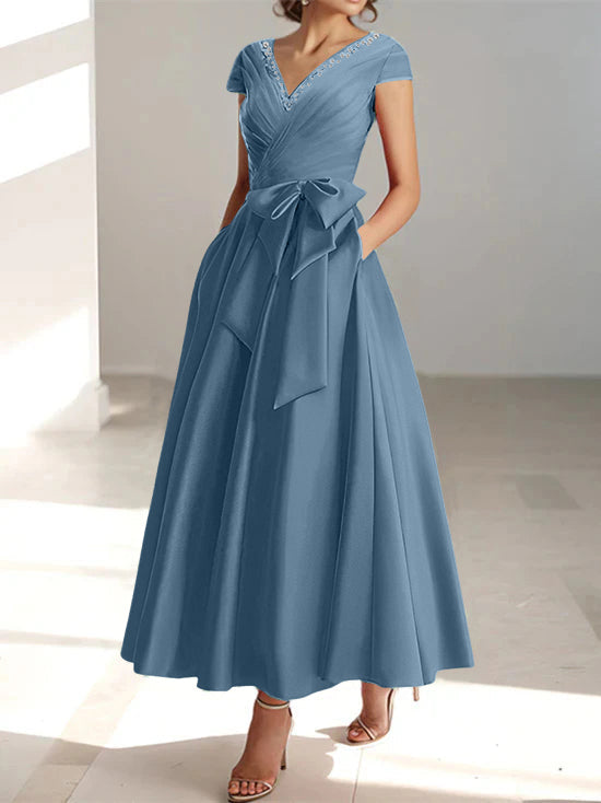 A-Line/Princess V-Neck Short Sleeves Ankle-Length Mother of the Bride Dresses With Pockets & Ruffles