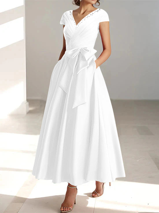 A-Line/Princess V-Neck Short Sleeves Ankle-Length Mother of the Bride Dresses With Pockets & Ruffles