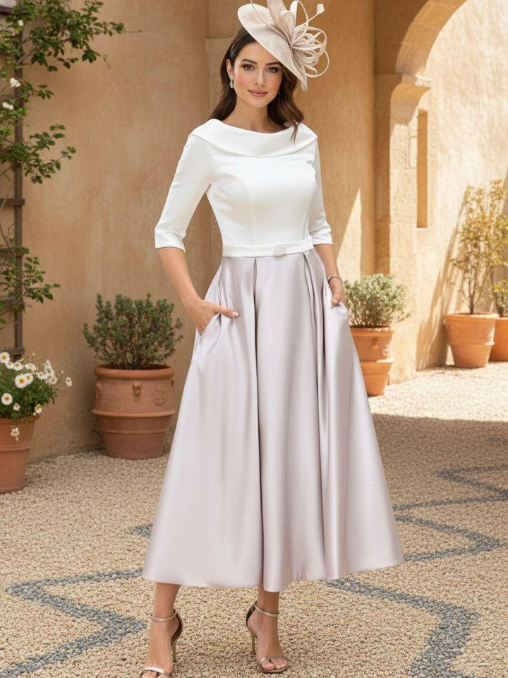 A-Line/Princess Jewel Neck Half Sleeve Tea Length Mother of the Bride Dresses with Pockets Pleats