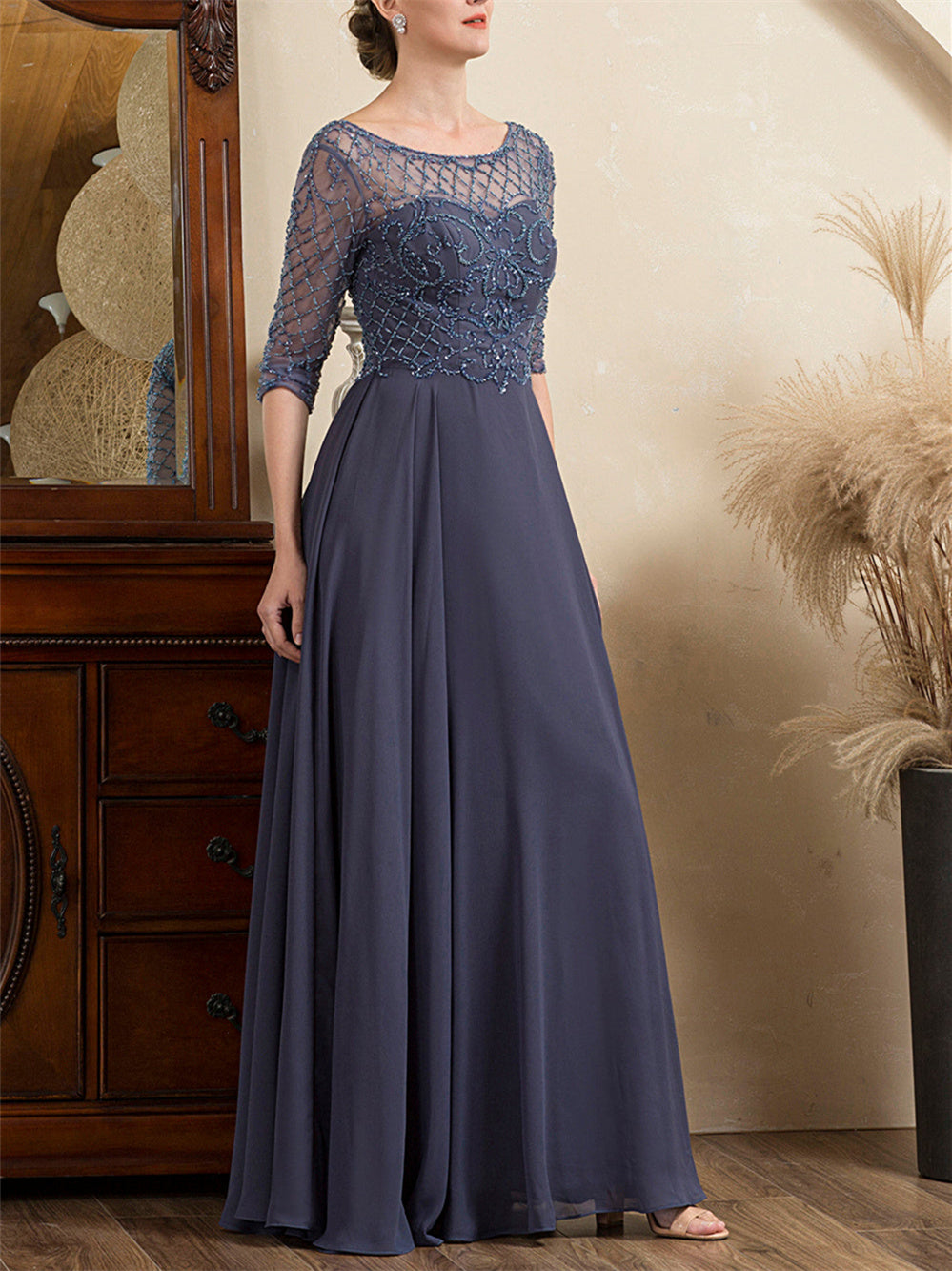 A-Line/Princess Scoop Short Sleeves Floor-Length Beaded Mother of the Bride Dresses