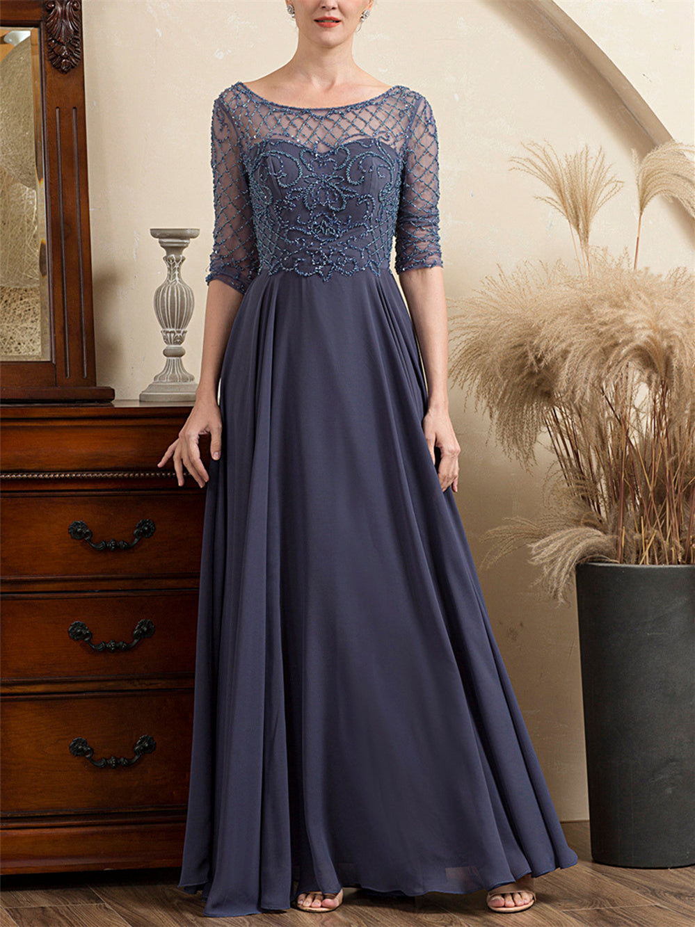 A-Line/Princess Scoop Short Sleeves Floor-Length Beaded Mother of the Bride Dresses