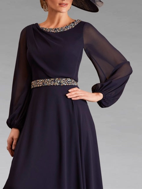 A-Line/Princess Scoop Neck Long Sleeves Tea-Length Mother of the Bride Dresses with Beading