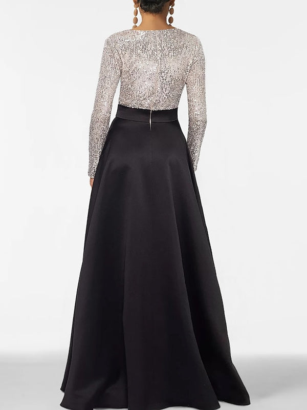 A-Line/Princess V-Neck Long Sleeves Floor-Length Mother of the Bride Dresses With Pocket & Sequins