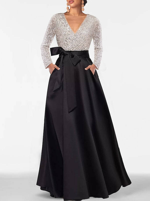 A-Line/Princess V-Neck Long Sleeves Floor-Length Mother of the Bride Dresses