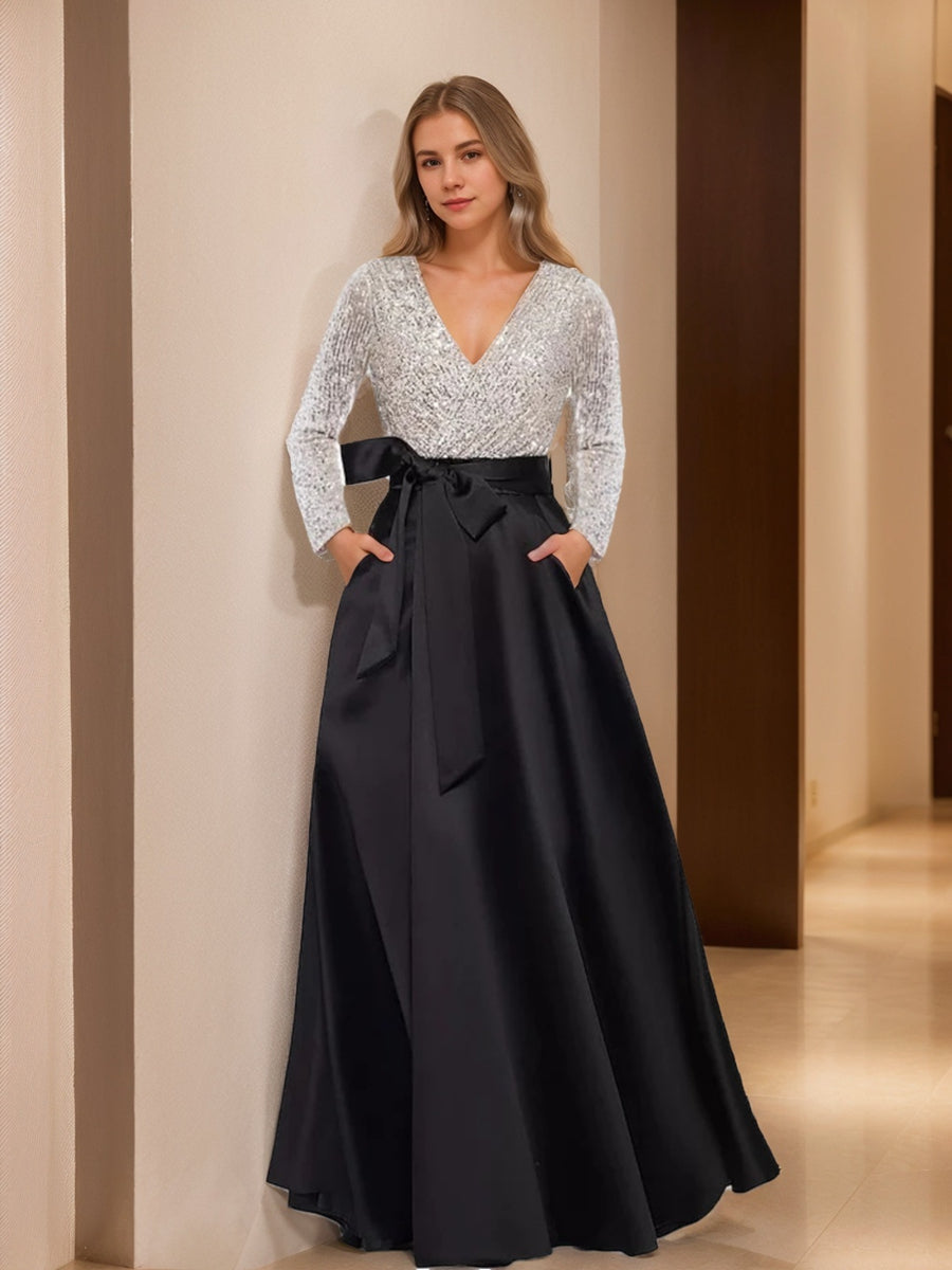 A-Line/Princess V-Neck Long Sleeves Floor-Length Mother of the Bride Dresses With Pocket & Sequins