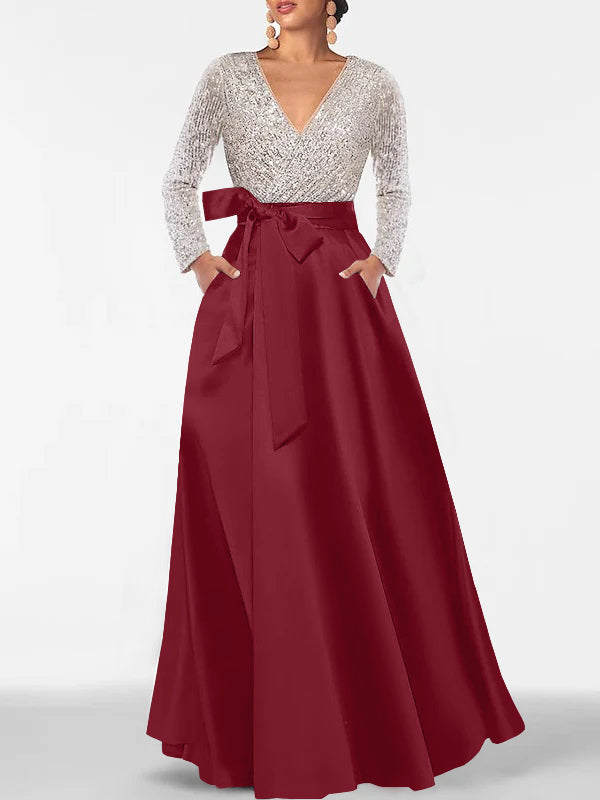 A-Line/Princess V-Neck Long Sleeves Floor-Length Mother of the Bride Dresses With Pocket & Sequins