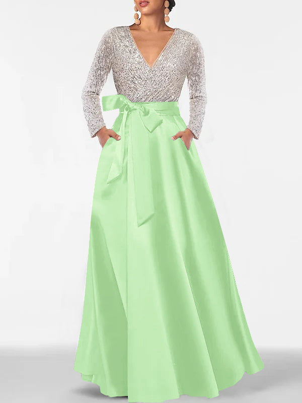 A-Line/Princess V-Neck Long Sleeves Floor-Length Mother of the Bride Dresses With Pocket & Sequins