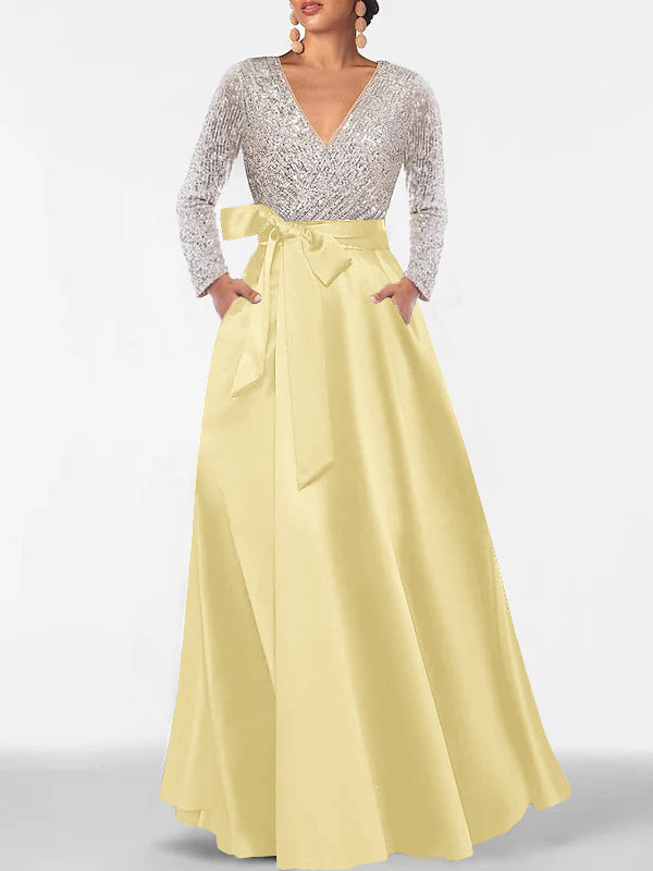 A-Line/Princess V-Neck Long Sleeves Floor-Length Mother of the Bride Dresses With Pocket & Sequins