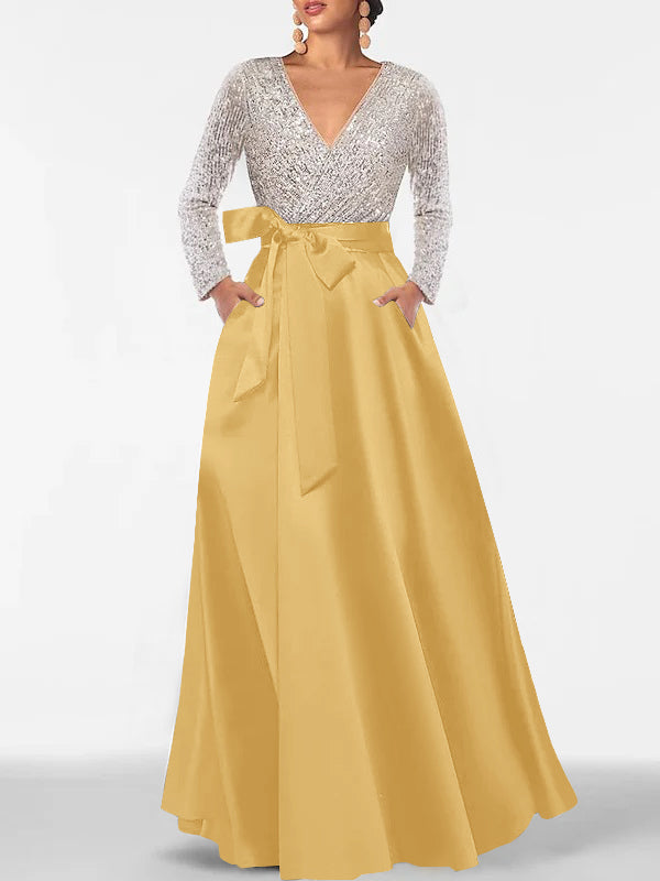 A-Line/Princess V-Neck Long Sleeves Floor-Length Mother of the Bride Dresses With Pocket & Sequins