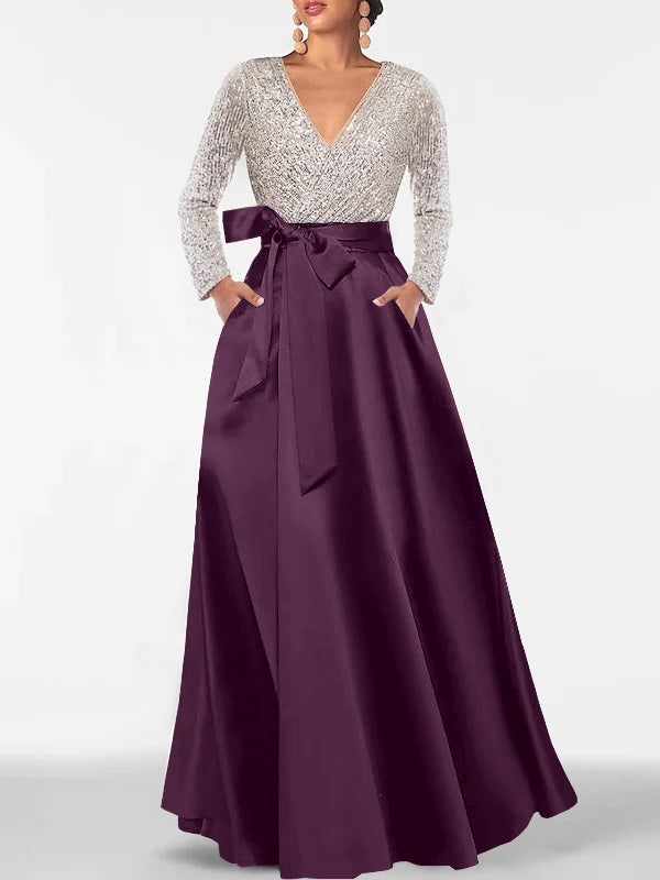 A-Line/Princess V-Neck Long Sleeves Floor-Length Mother of the Bride Dresses With Pocket & Sequins