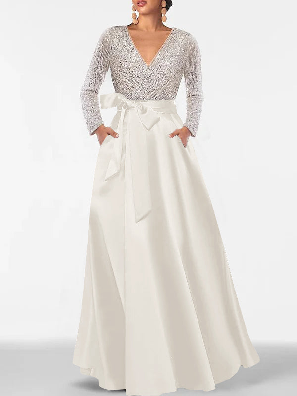 A-Line/Princess V-Neck Long Sleeves Floor-Length Mother of the Bride Dresses With Pocket & Sequins