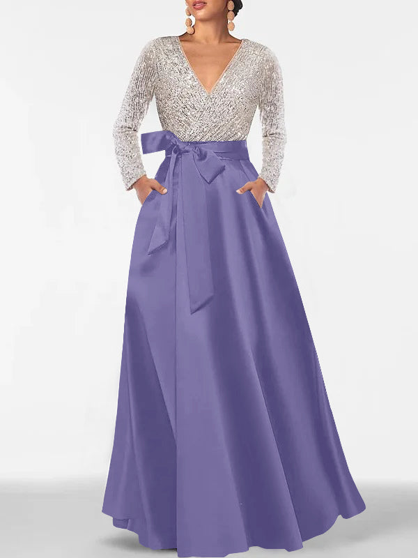 A-Line/Princess V-Neck Long Sleeves Floor-Length Mother of the Bride Dresses With Pocket & Sequins