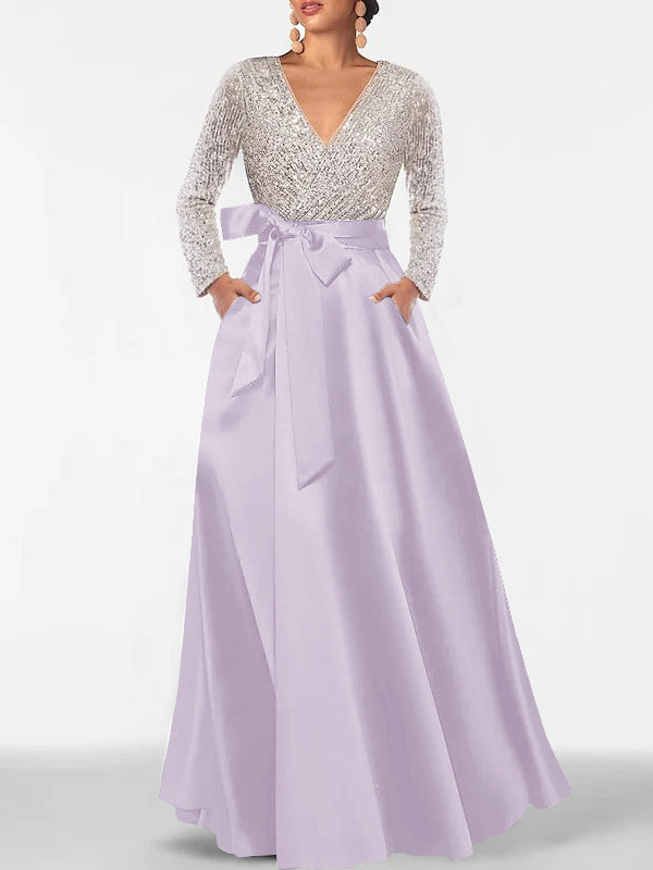 A-Line/Princess V-Neck Long Sleeves Floor-Length Mother of the Bride Dresses With Pocket & Sequins