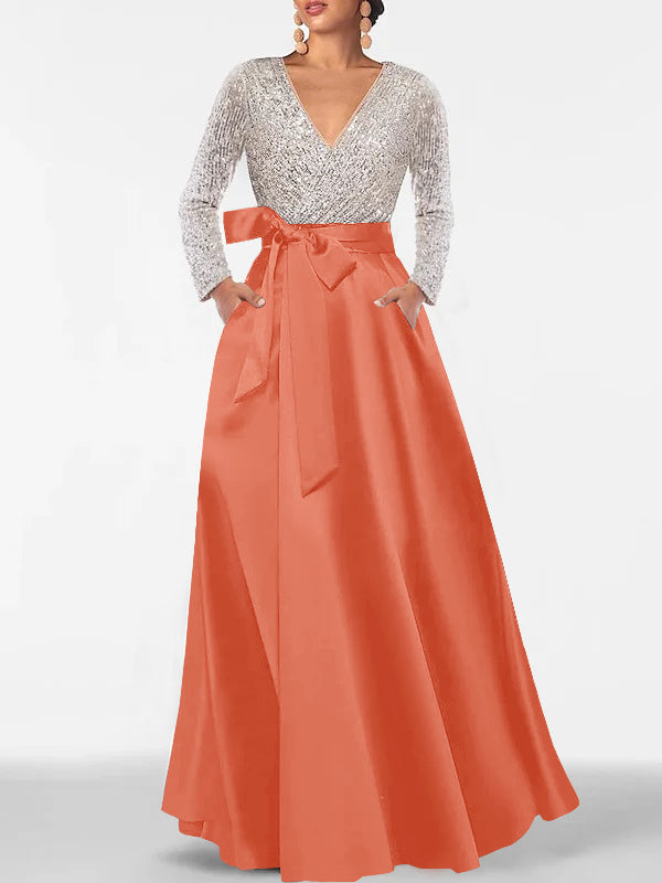 A-Line/Princess V-Neck Long Sleeves Floor-Length Mother of the Bride Dresses With Pocket & Sequins