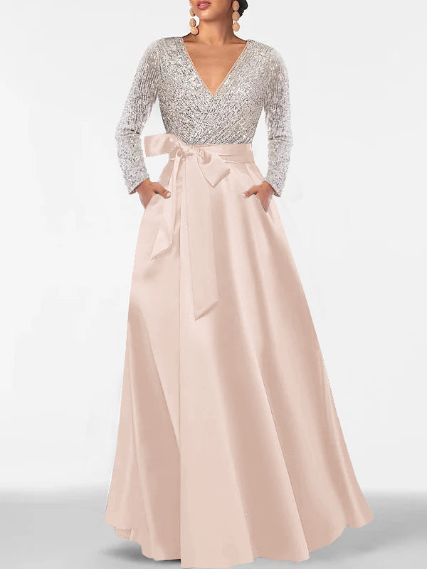 A-Line/Princess V-Neck Long Sleeves Floor-Length Mother of the Bride Dresses With Pocket & Sequins