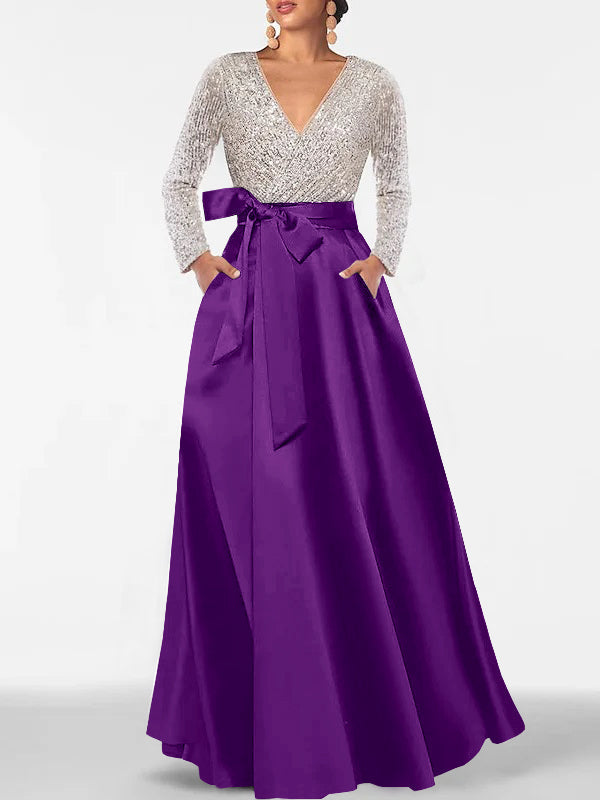 A-Line/Princess V-Neck Long Sleeves Floor-Length Mother of the Bride Dresses With Pocket & Sequins