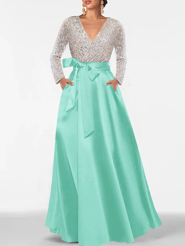 A-Line/Princess V-Neck Long Sleeves Floor-Length Mother of the Bride Dresses With Pocket & Sequins