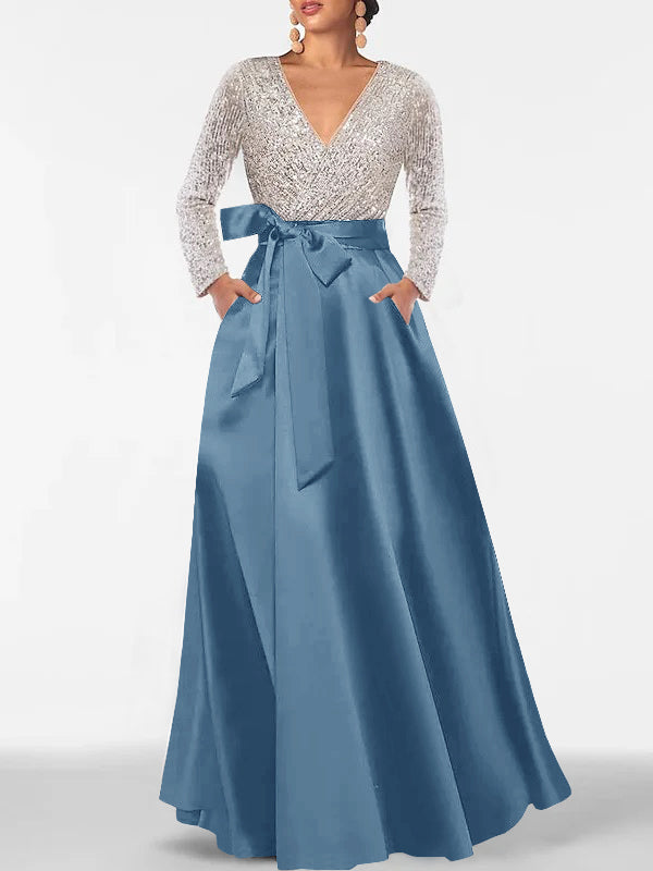 A-Line/Princess V-Neck Long Sleeves Floor-Length Mother of the Bride Dresses With Pocket & Sequins