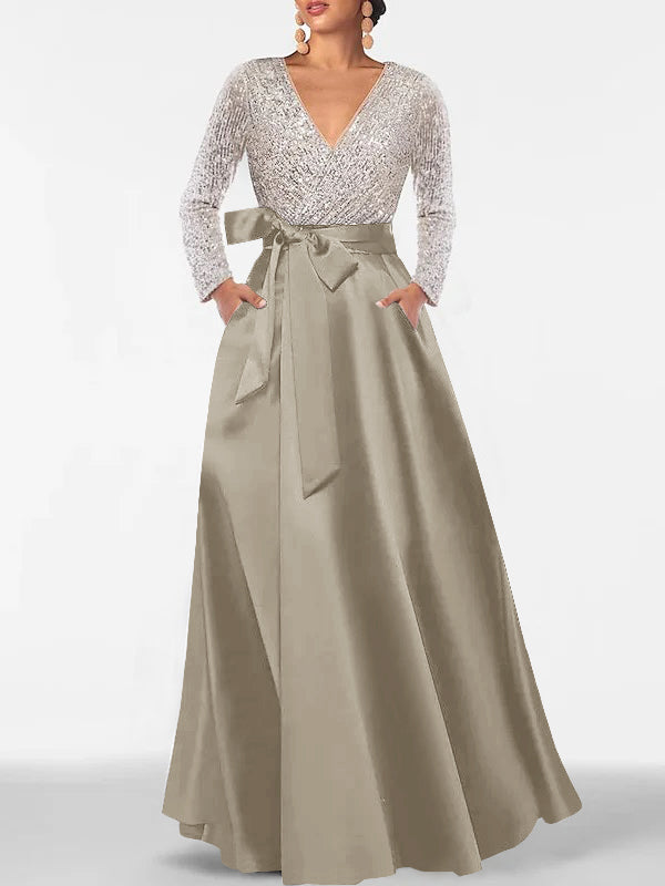 A-Line/Princess V-Neck Long Sleeves Floor-Length Mother of the Bride Dresses With Pocket & Sequins