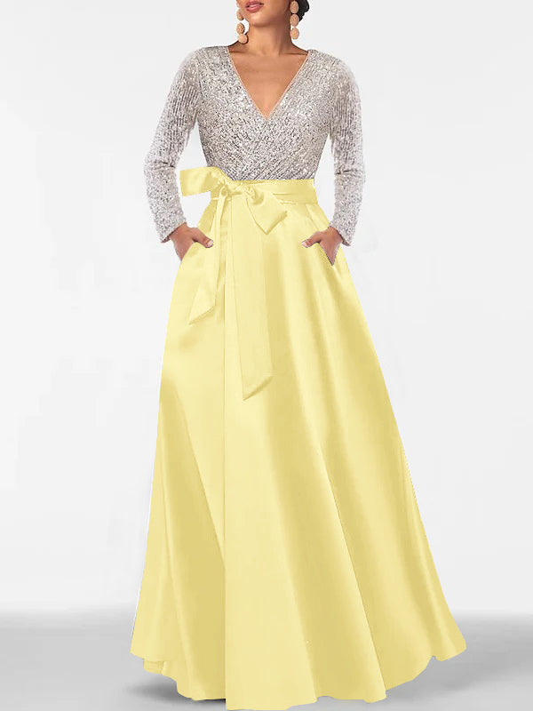 A-Line/Princess V-Neck Long Sleeves Floor-Length Mother of the Bride Dresses With Pocket & Sequins