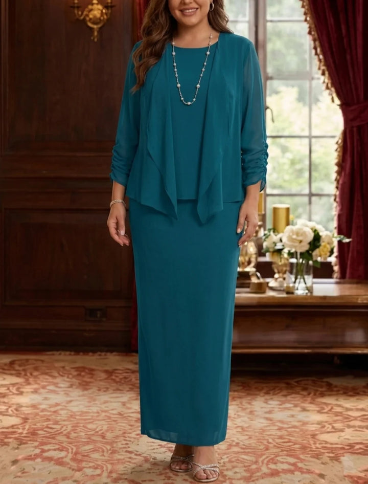 3 Piece Sheath/Column Scoop Chiffon Plus Size Mother of the Bride Dresses with Jacket Long Sleeves Ankle-Length
