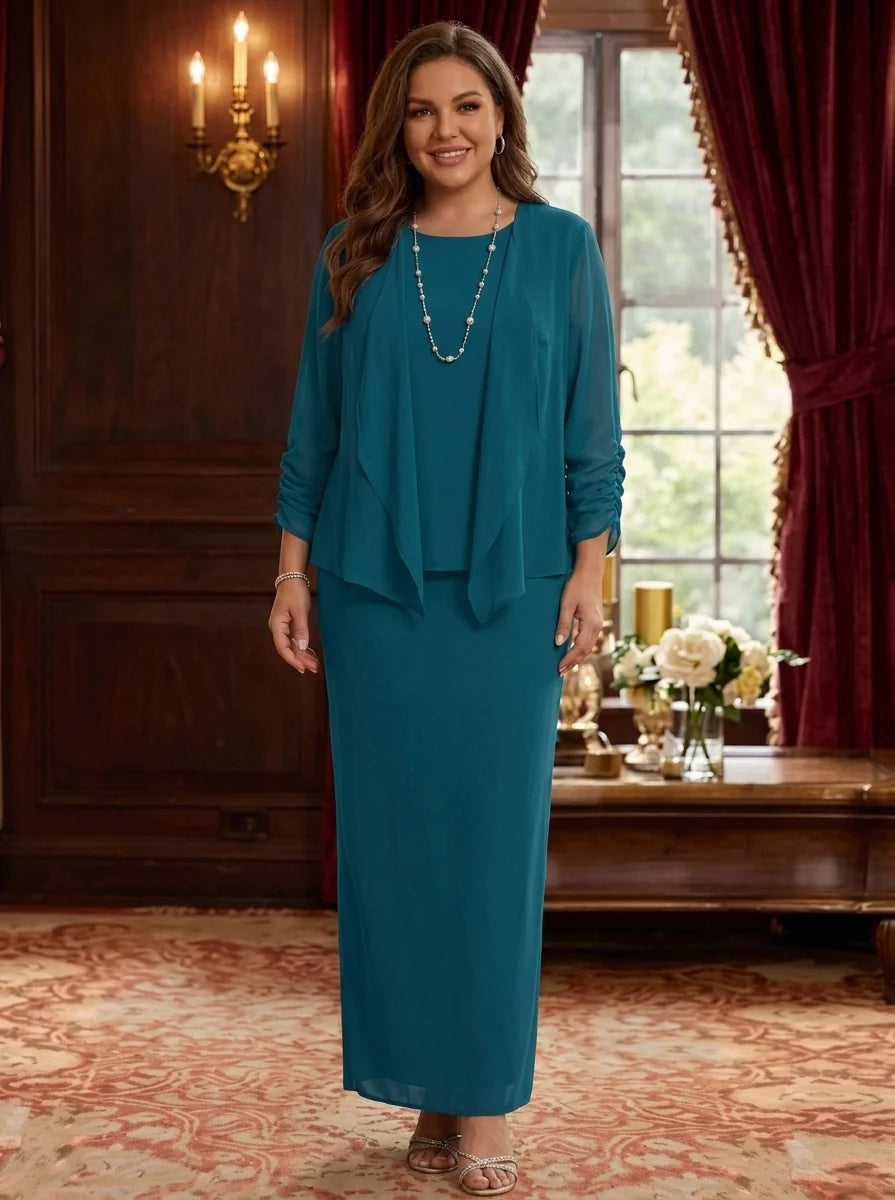 3 Piece Sheath/Column Scoop Chiffon Plus Size Mother of the Bride Dresses with Jacket Long Sleeves Ankle-Length