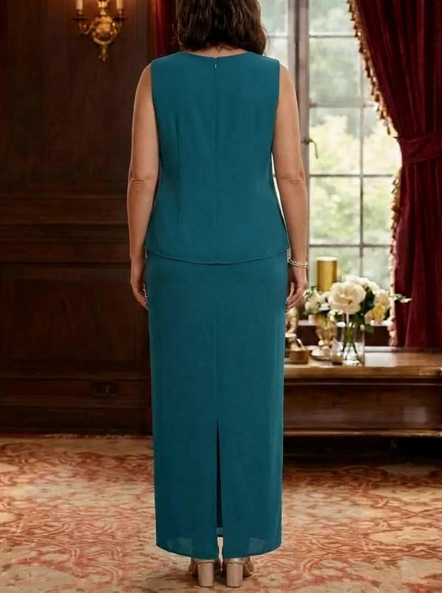 3 Piece Sheath/Column Scoop Chiffon Plus Size Mother of the Bride Dresses with Jacket Long Sleeves Ankle-Length