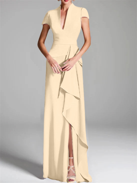 Sheath/Column V-Neck Short Sleeves Floor-Length Mother of the Bride Dresses with Split Side