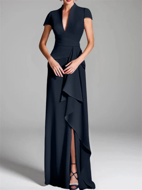 Sheath/Column V-Neck Short Sleeves Floor-Length Mother of the Bride Dresses with Split Side