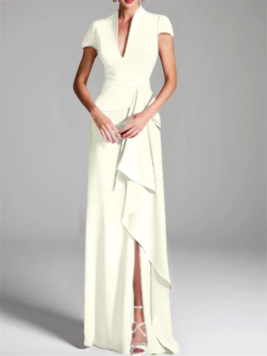 Sheath/Column V-Neck Short Sleeves Floor-Length Mother of the Bride Dresses with Split Side